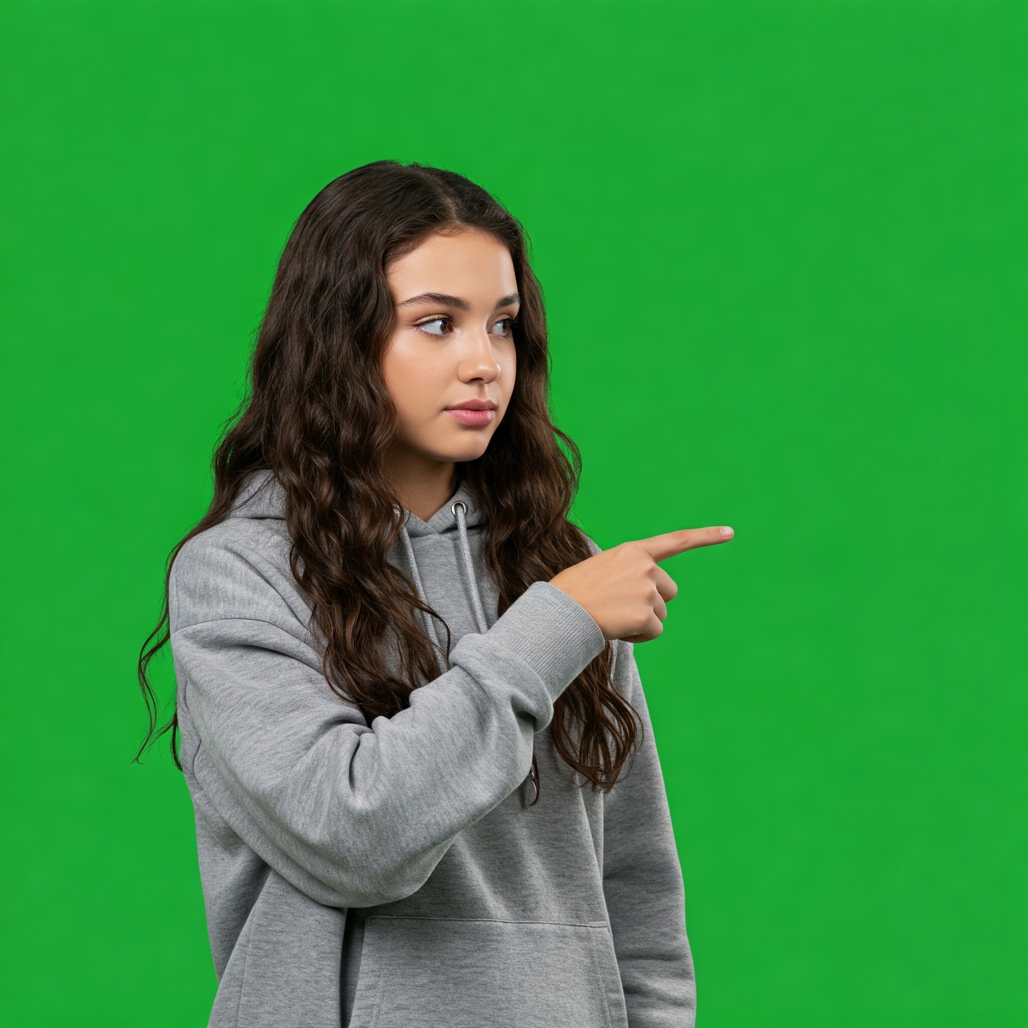 photo of Young Woman in Hoodie Pointing Sideways Against Green Screen